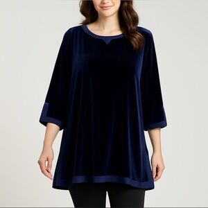 Soft Surroundings Navy Blue Velvet Tunic Top L Plush Velour Elegant Trim Bb
